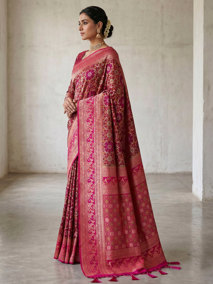 Hot Pink Woven Design Art Silk Kanjivaram Saree