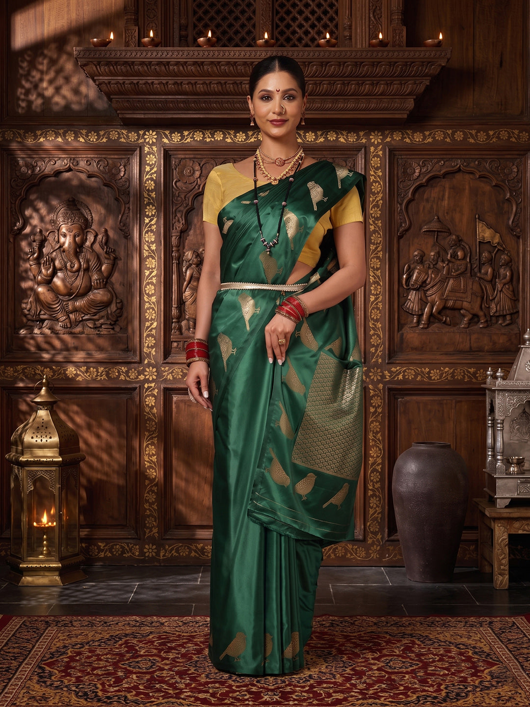 Dark Green Woven Design Crape Saree