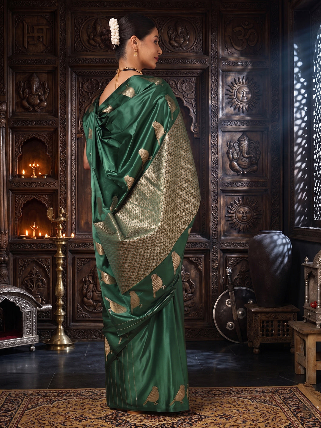 Dark Green Woven Design Crape Saree