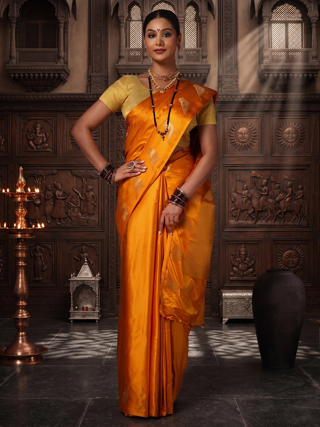Mustard Woven Design Crape Saree