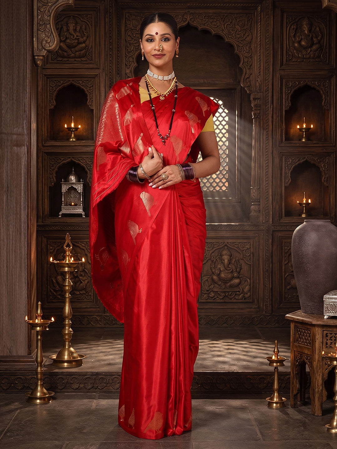 Red Woven Design Crape Saree