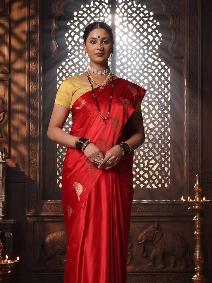 Red Woven Design Crape Saree