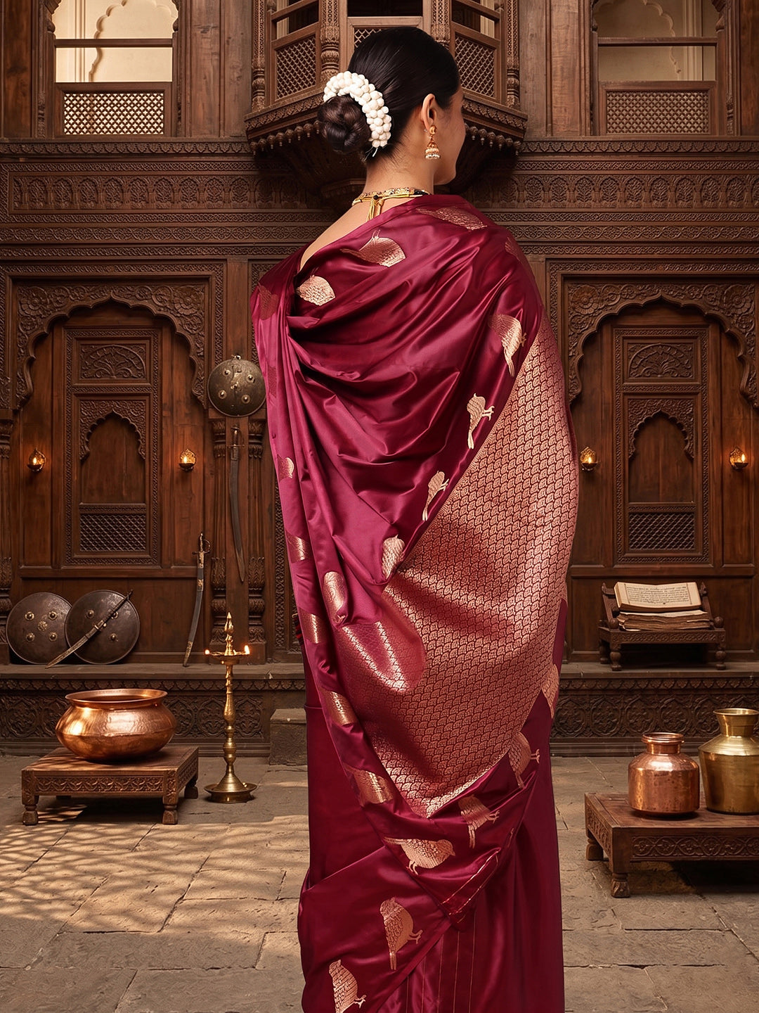 Wine Woven Design Crape Saree