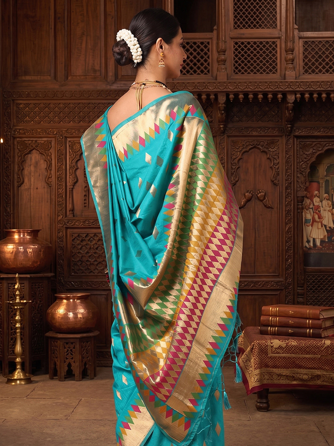 Dark Blue Woven Design Dola Silk Saree