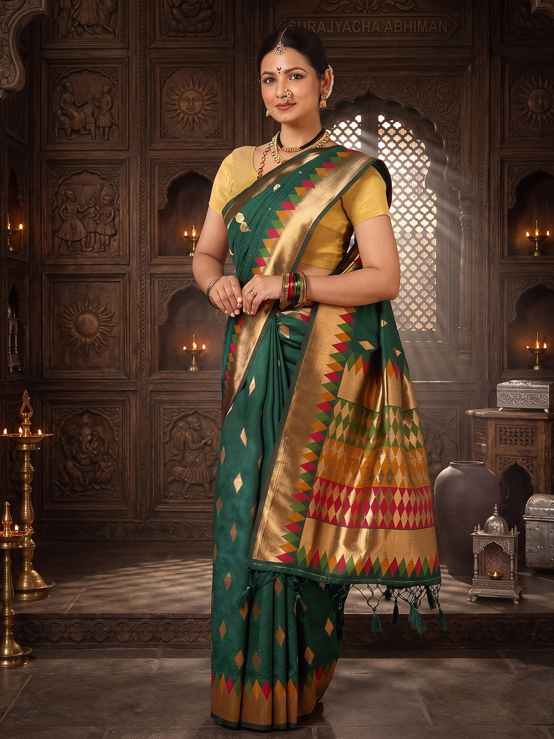 Dark Green Woven Design Dola Silk Saree