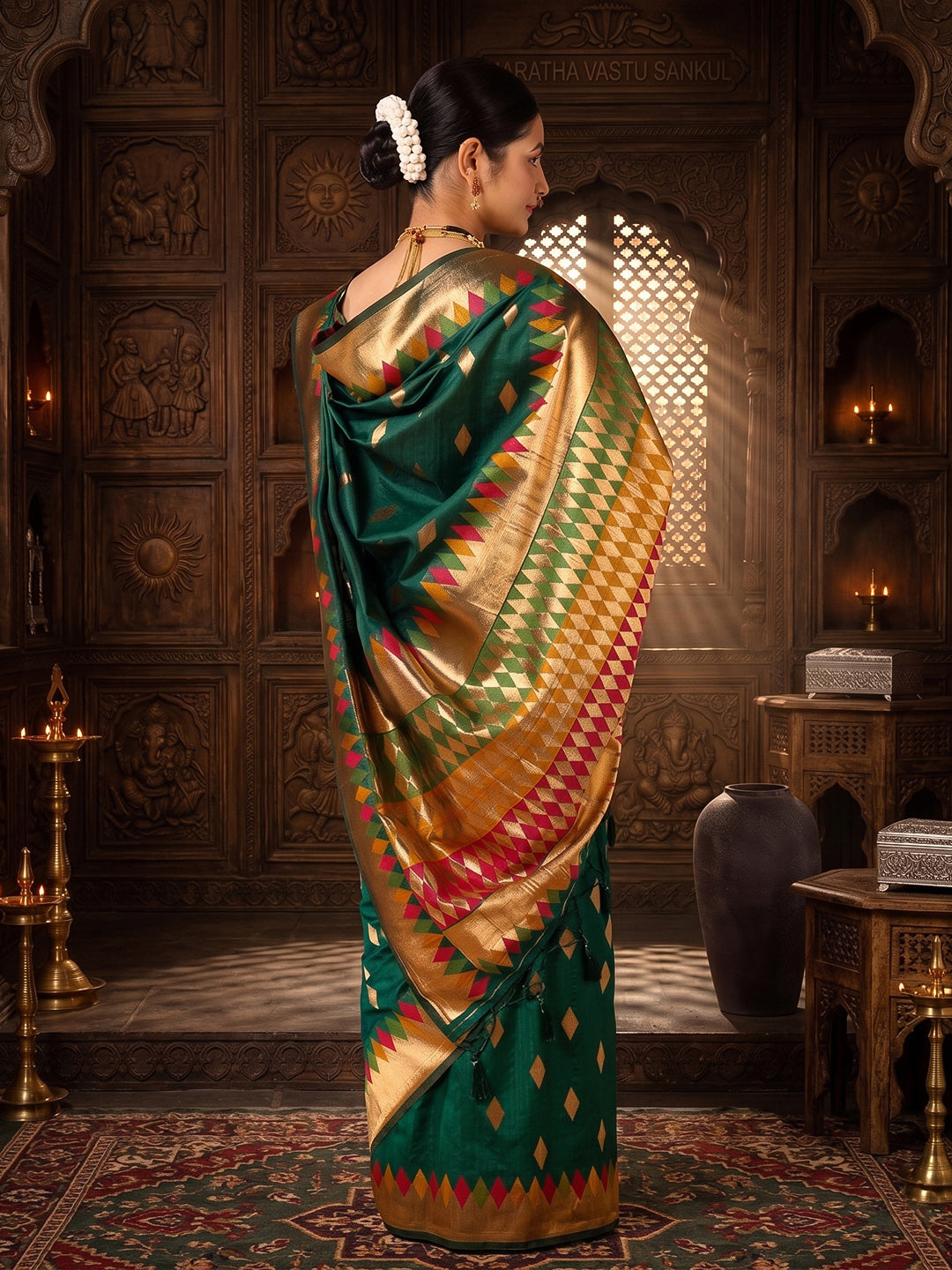 Dark Green Woven Design Dola Silk Saree