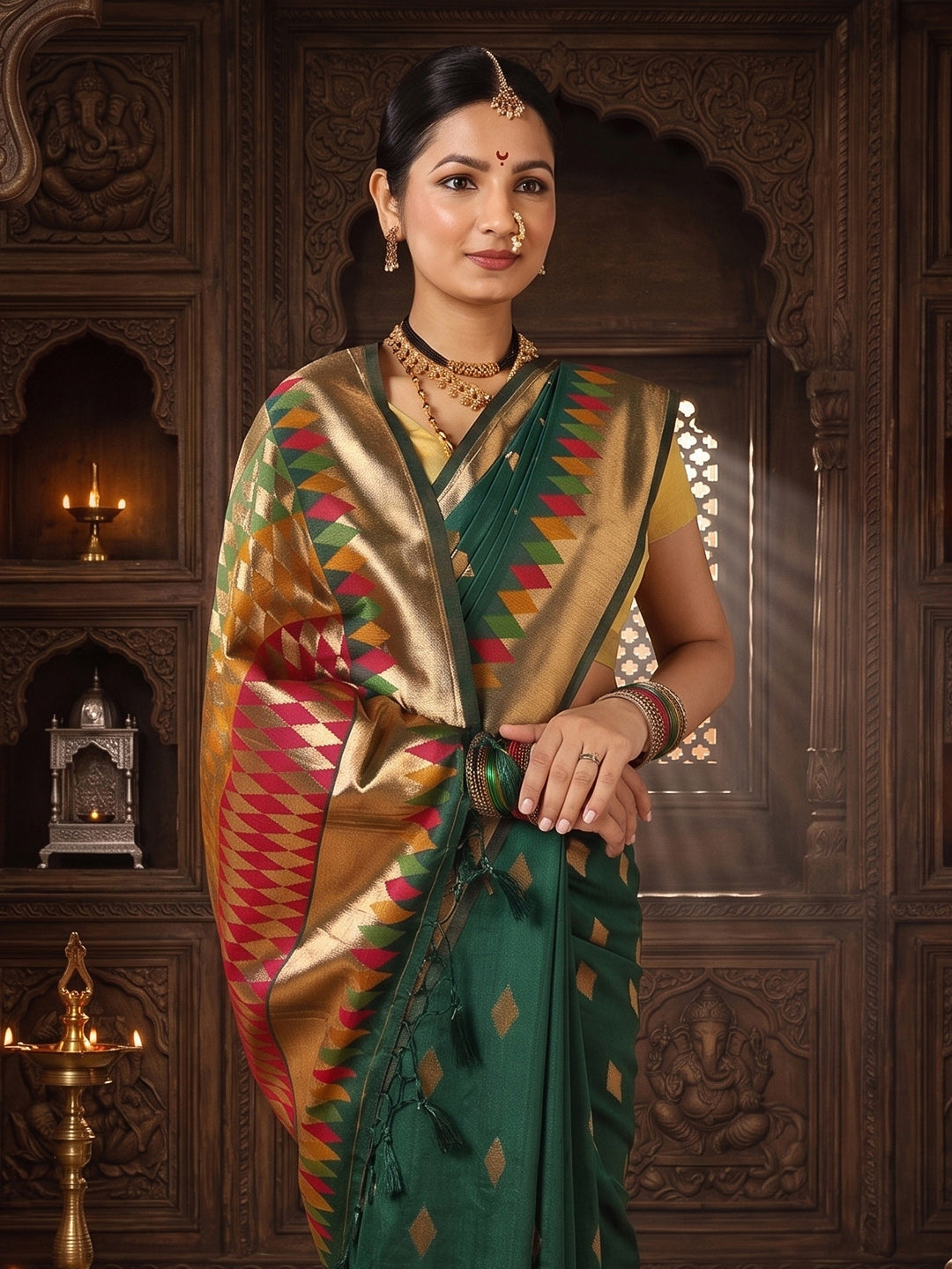 Dark Green Woven Design Dola Silk Saree