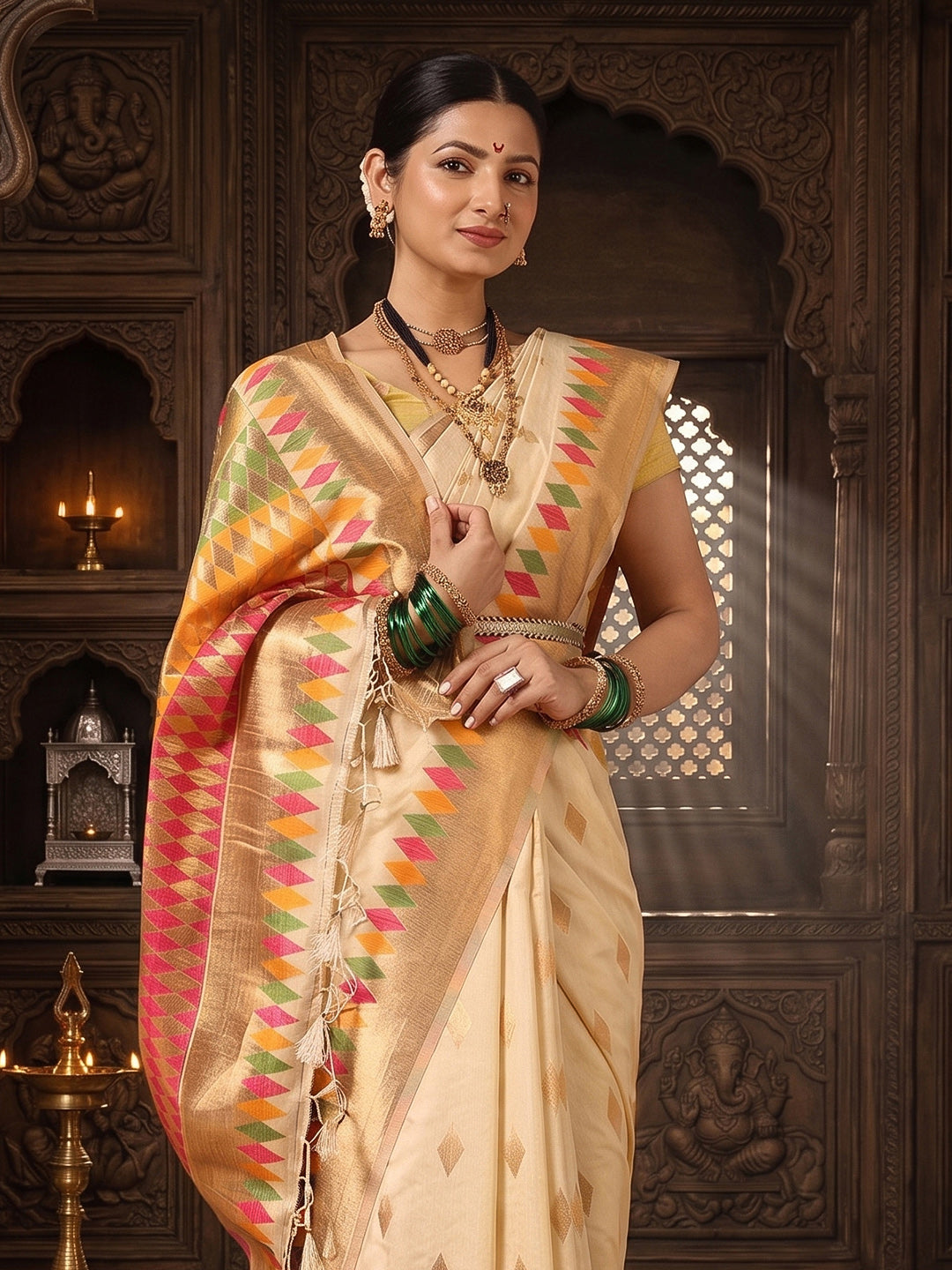 Off White Woven Design Dola Silk Saree