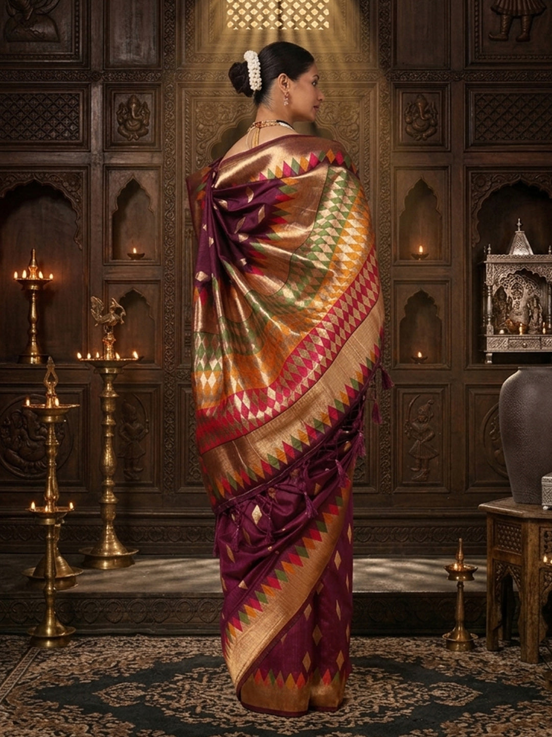 Wine Woven Design Dola Silk Saree