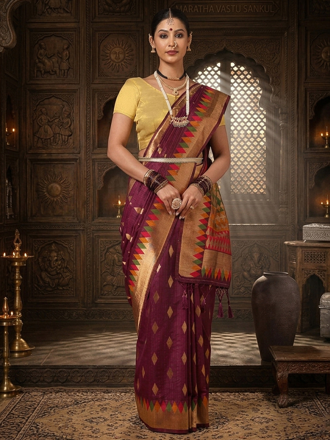 Wine Woven Design Dola Silk Saree