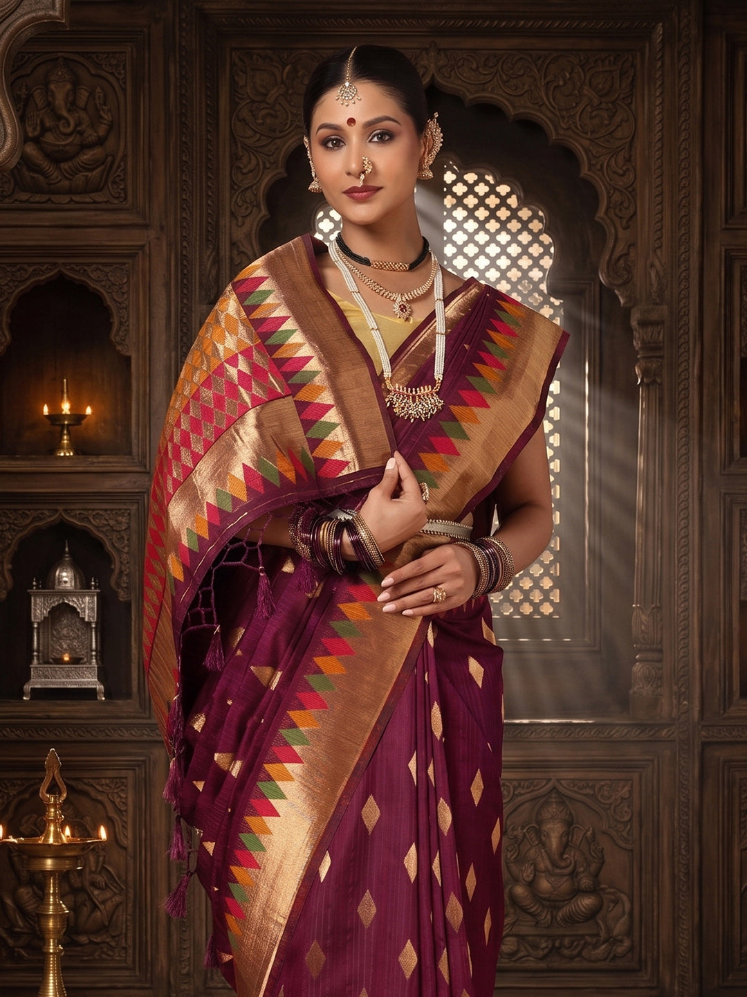 Wine Woven Design Dola Silk Saree