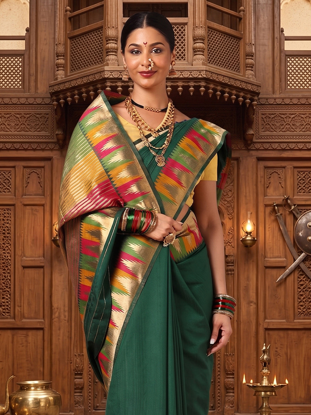 Dark Green Woven Design Dola Silk Saree