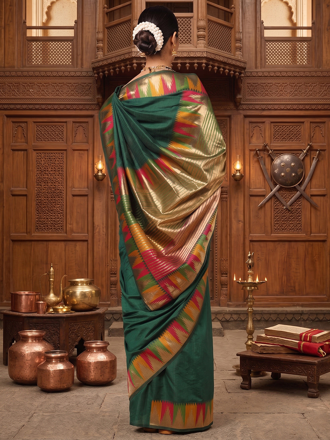 Dark Green Woven Design Dola Silk Saree
