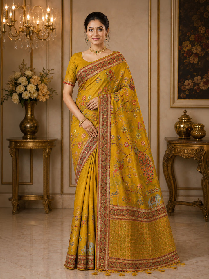 Mustard Printed Art Silk Saree