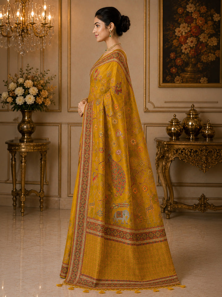 Mustard Printed Art Silk Saree