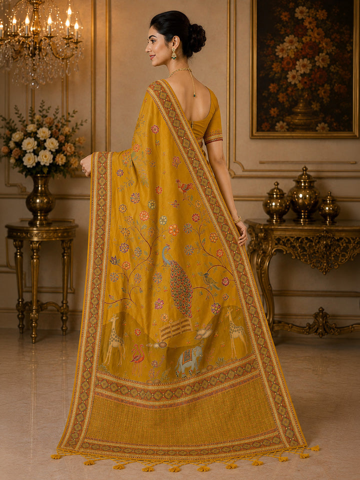 Mustard Printed Art Silk Saree
