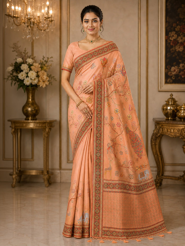 Peach Printed Art Silk Saree