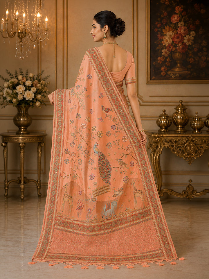 Peach Printed Art Silk Saree
