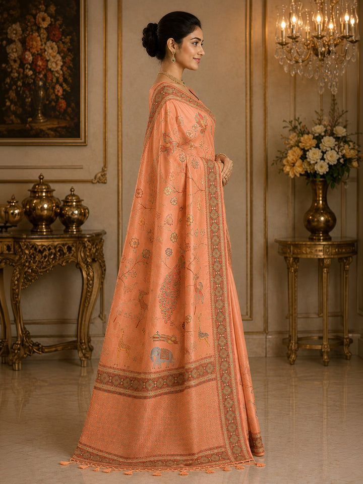 Peach Printed Art Silk Saree