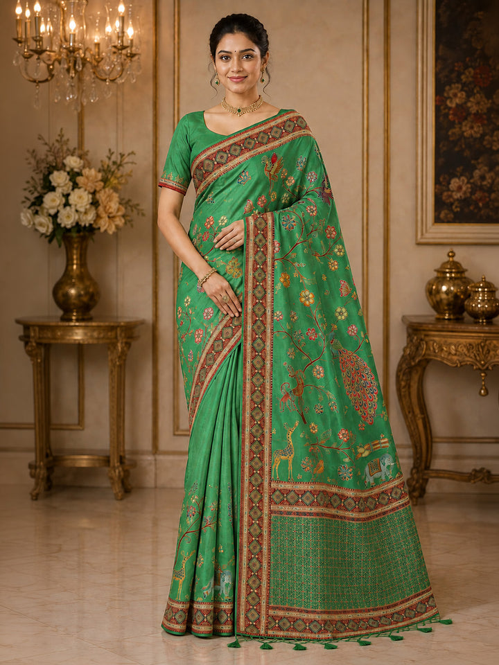 Rama Green Printed Art Silk Saree
