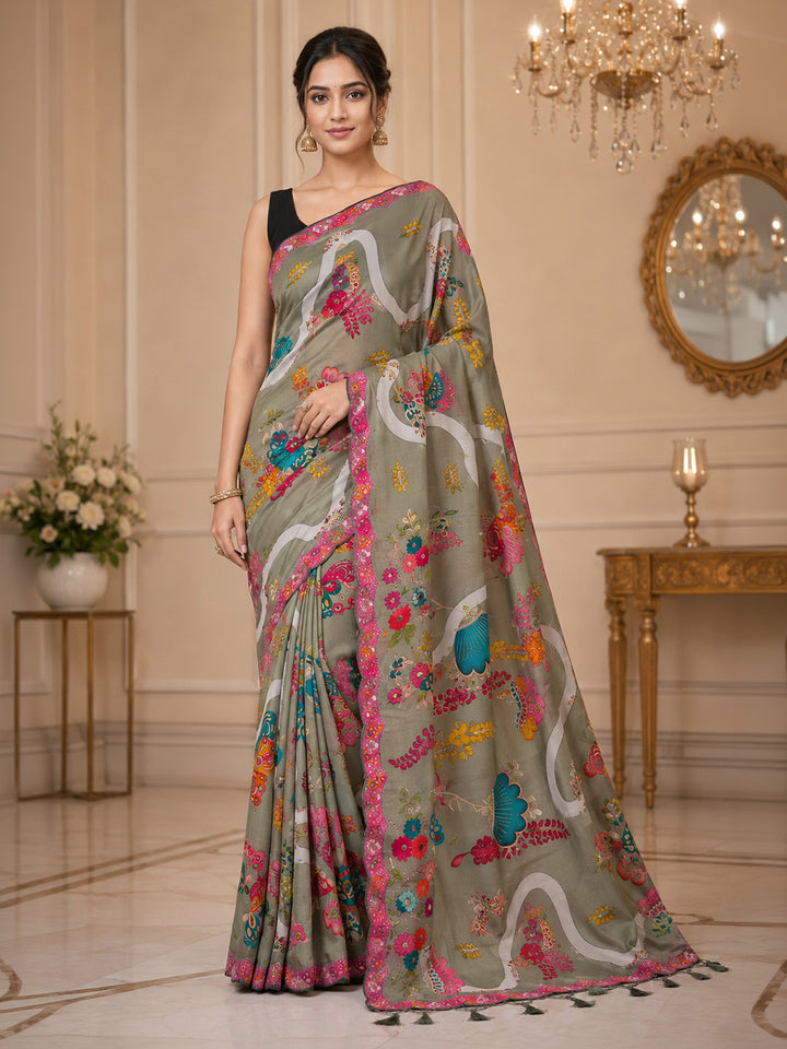 Pista Green Printed Art Silk Saree
