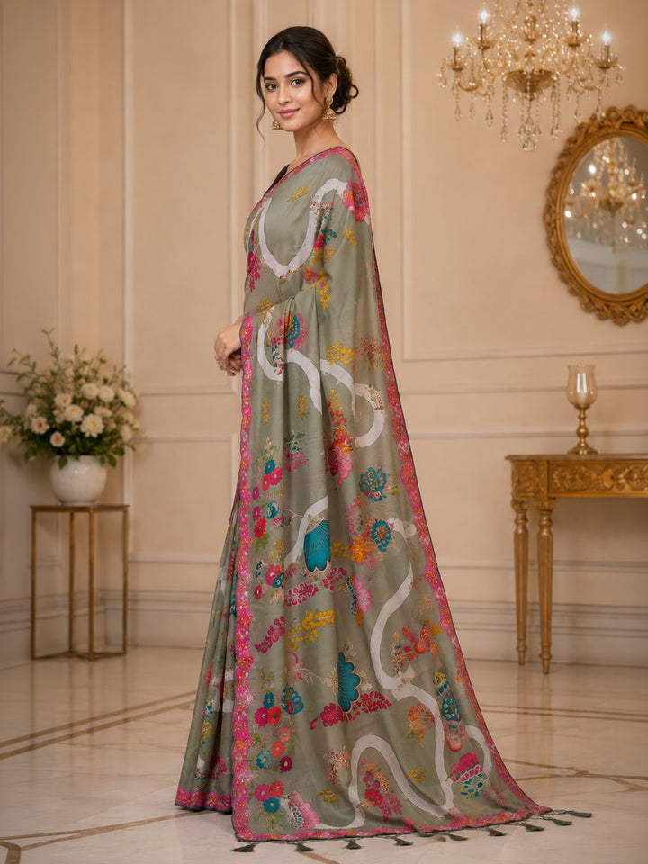 Pista Green Printed Art Silk Saree