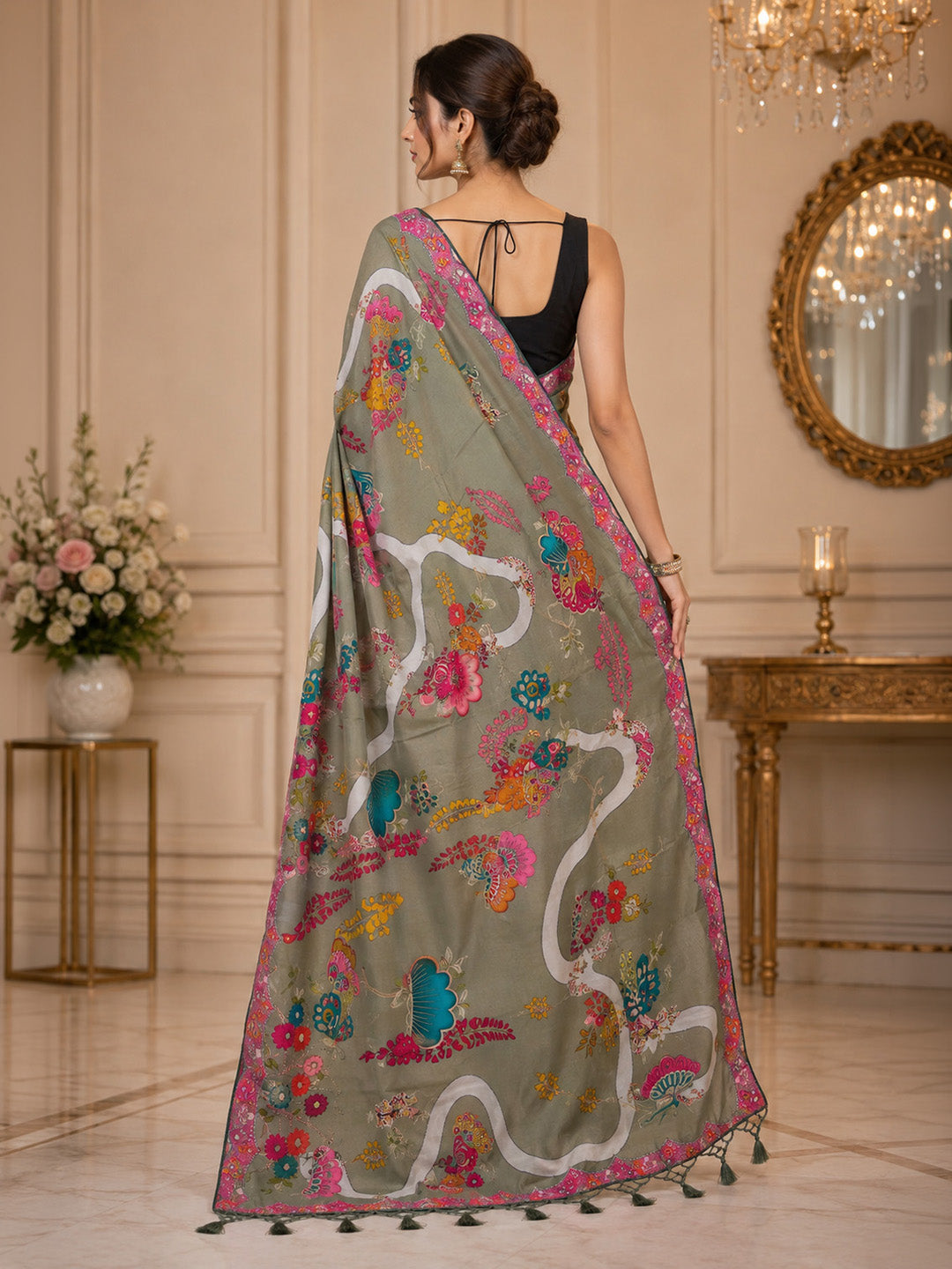 Pista Green Printed Art Silk Saree