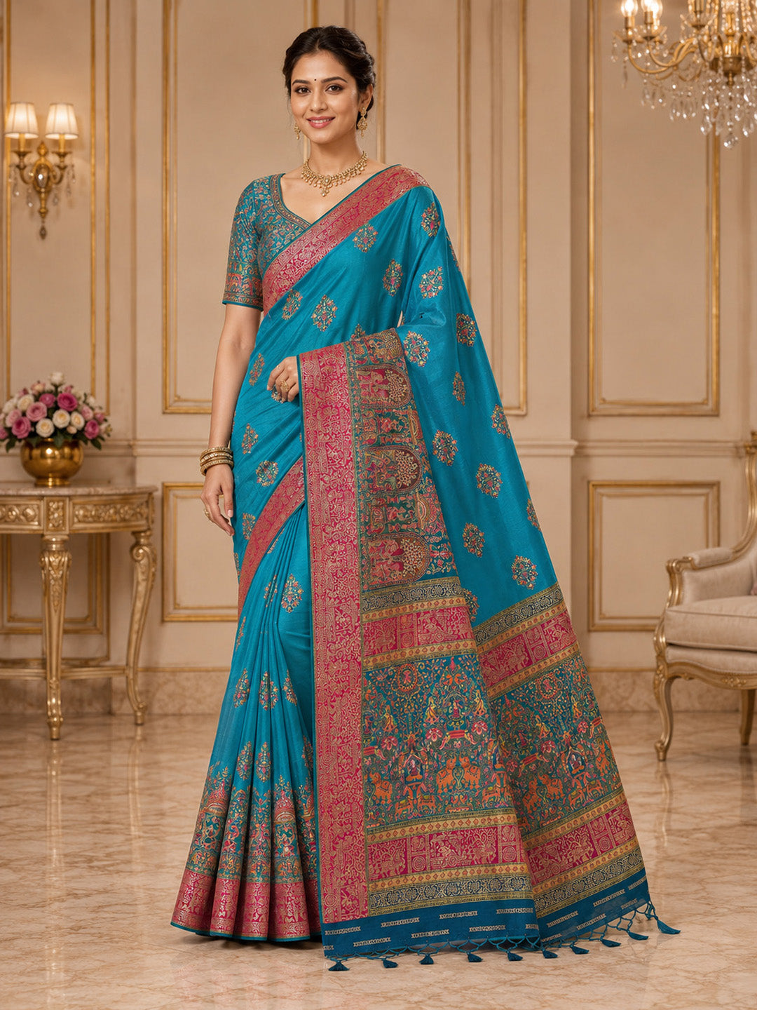 Blue Embroidered Art Silk Saree