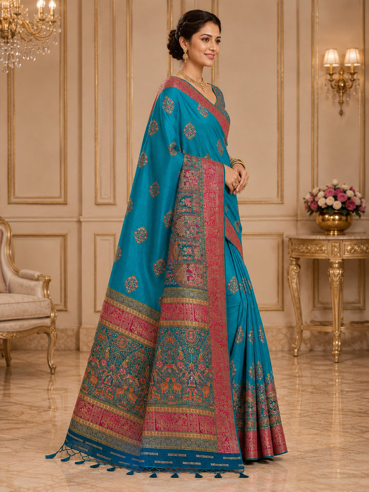 Blue Embroidered Art Silk Saree