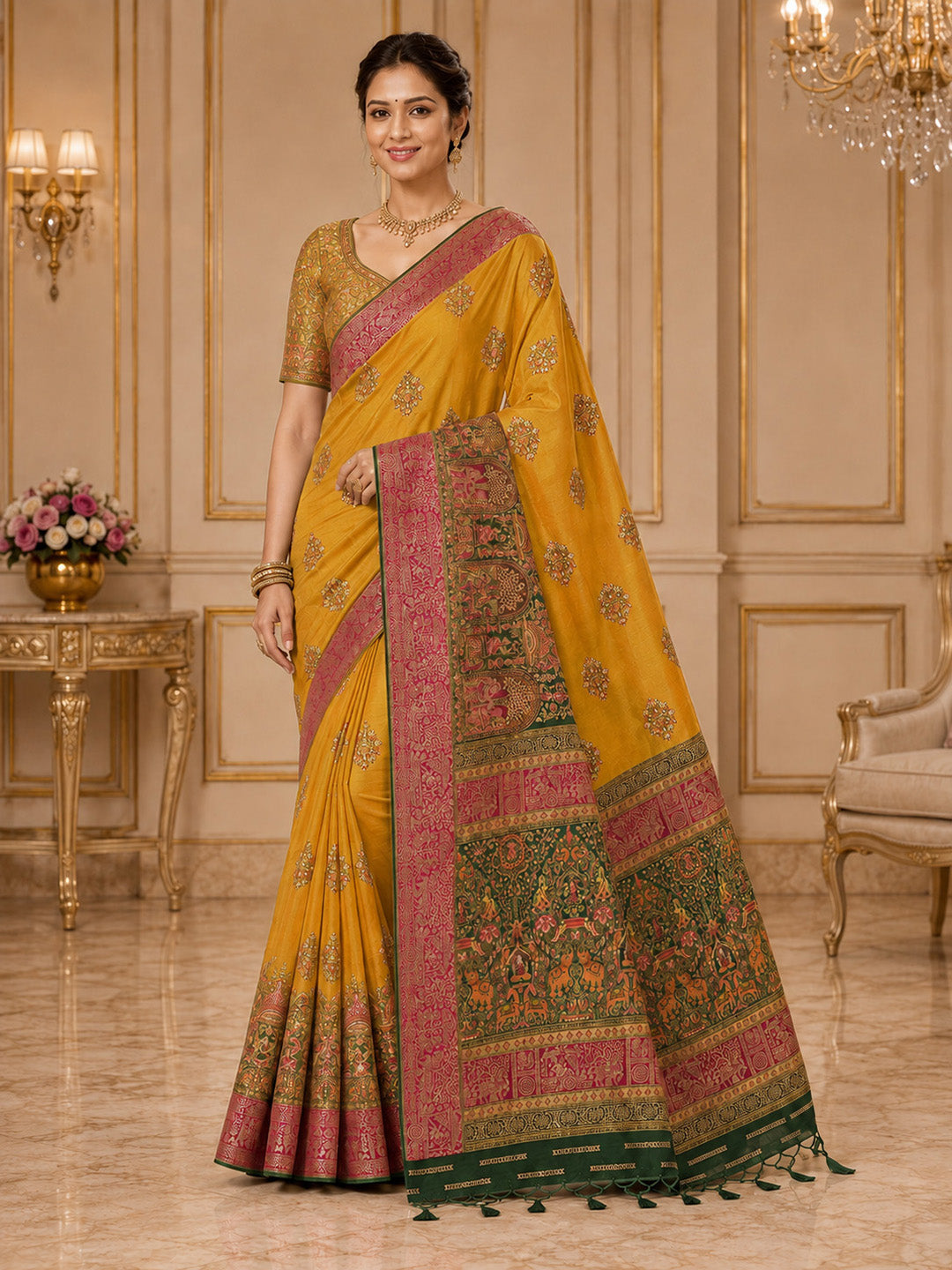Mustard Embroidered Art Silk Saree