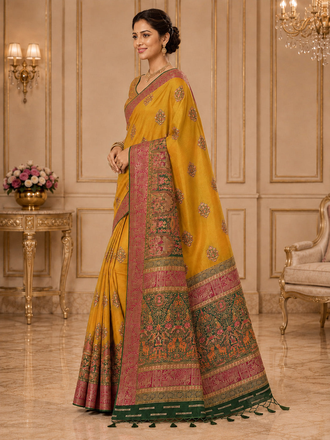 Mustard Embroidered Art Silk Saree