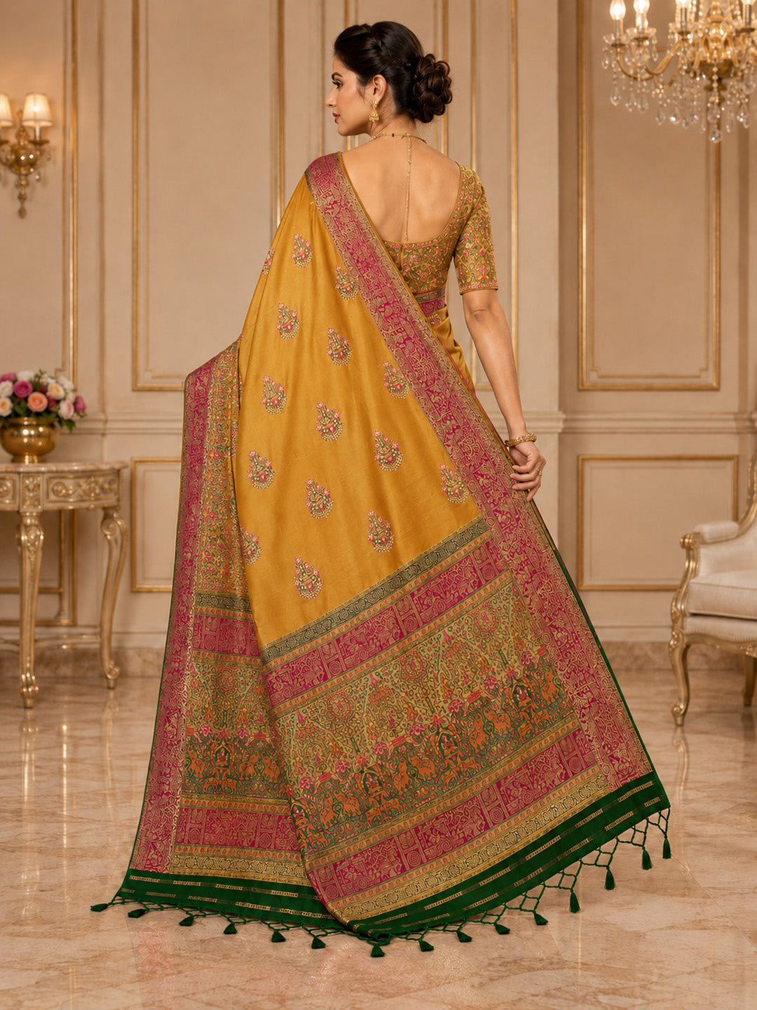 Mustard Embroidered Art Silk Saree