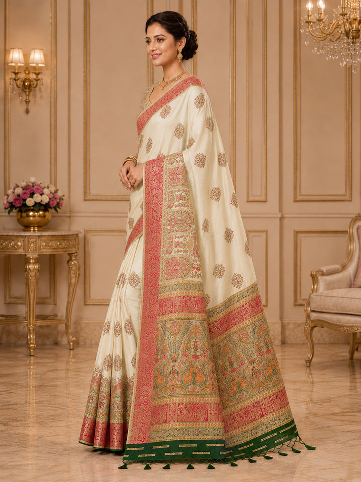 Off White Embroidered Art Silk Saree