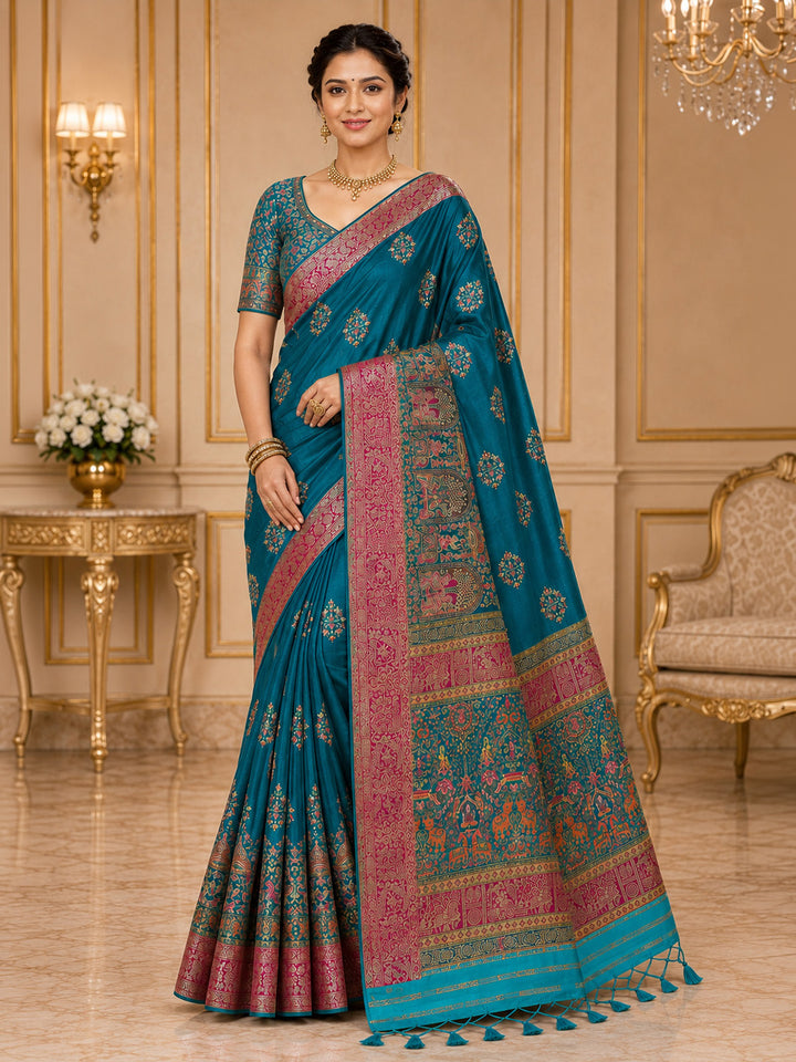 Peacock Blue Embroidered Art Silk Saree