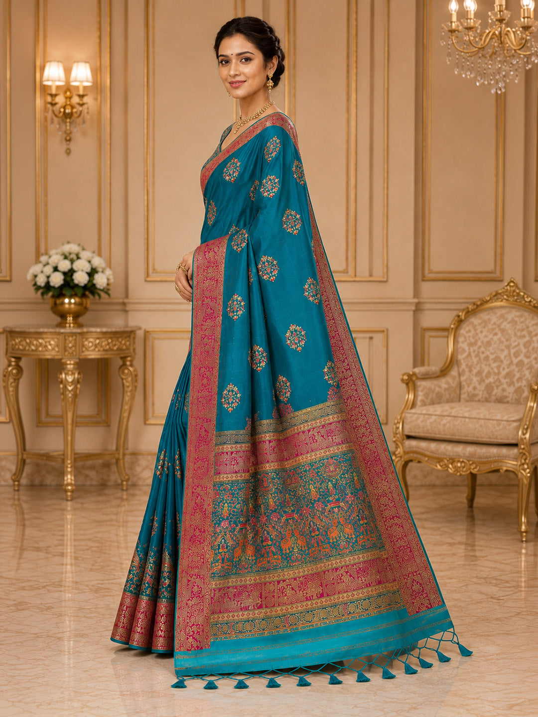 Peacock Blue Embroidered Art Silk Saree
