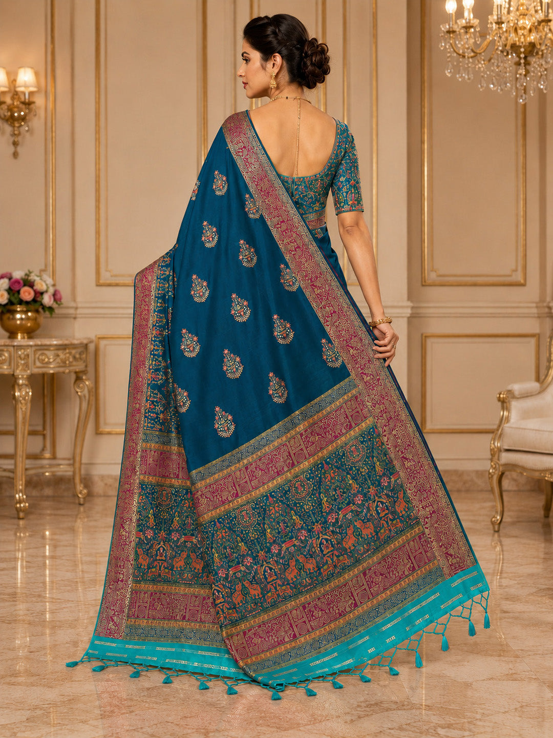 Peacock Blue Embroidered Art Silk Saree