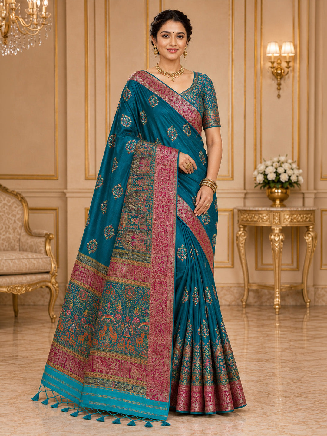 Peacock Blue Embroidered Art Silk Saree