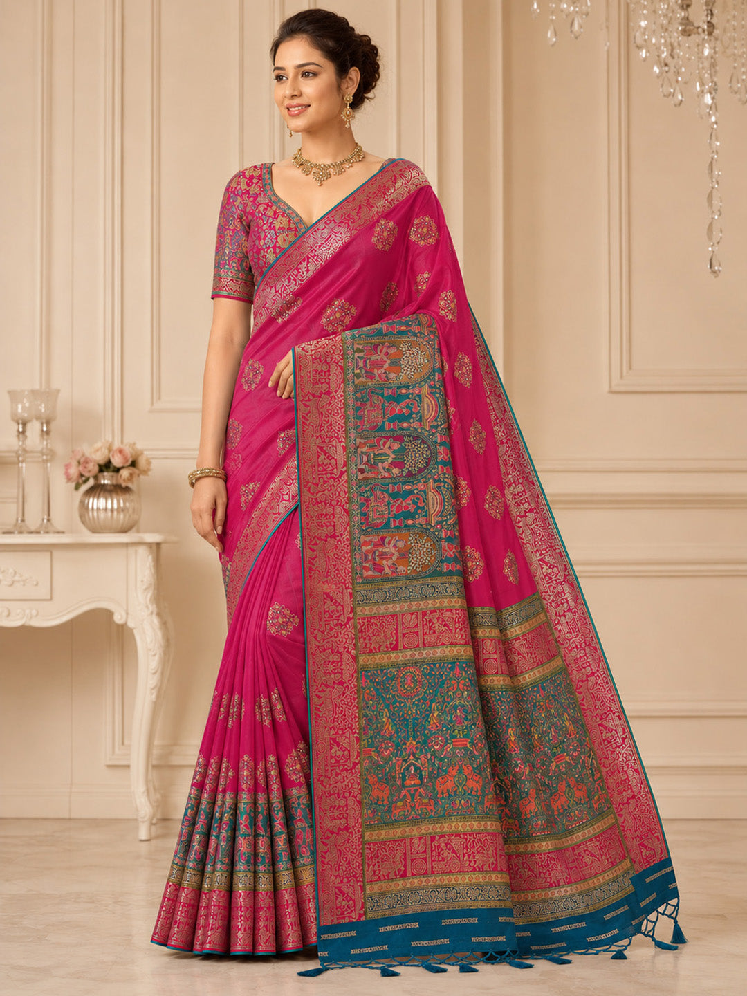 Rani Embroidered Art Silk Saree