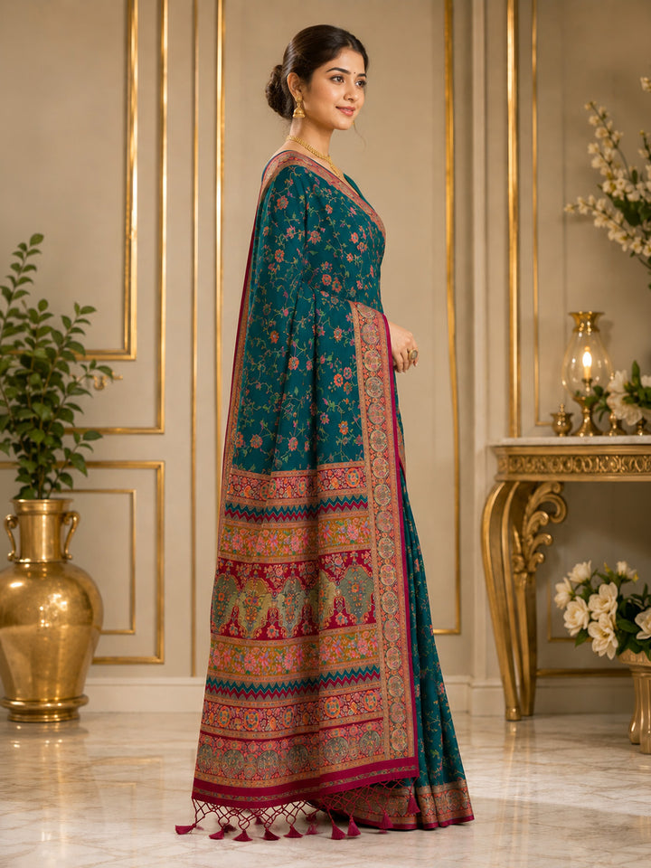 Blue Printed Art Silk Saree