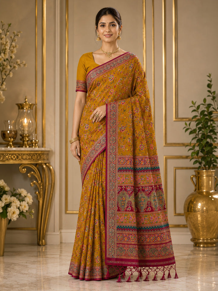 Mustard Printed Art Silk Saree