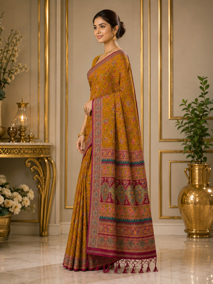 Mustard Printed Art Silk Saree