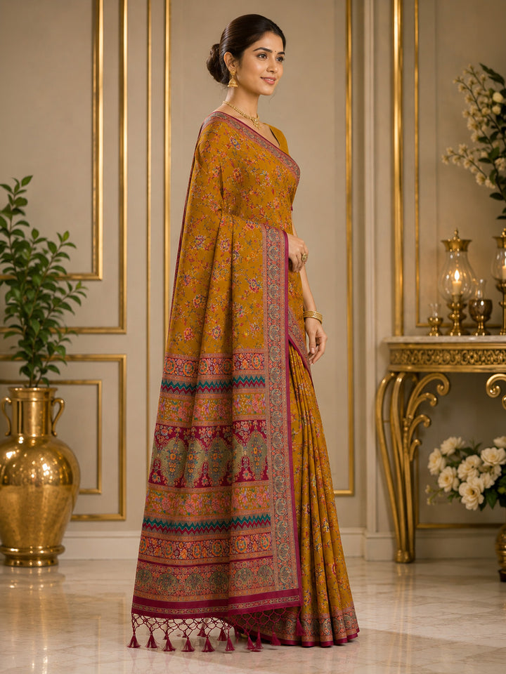 Mustard Printed Art Silk Saree