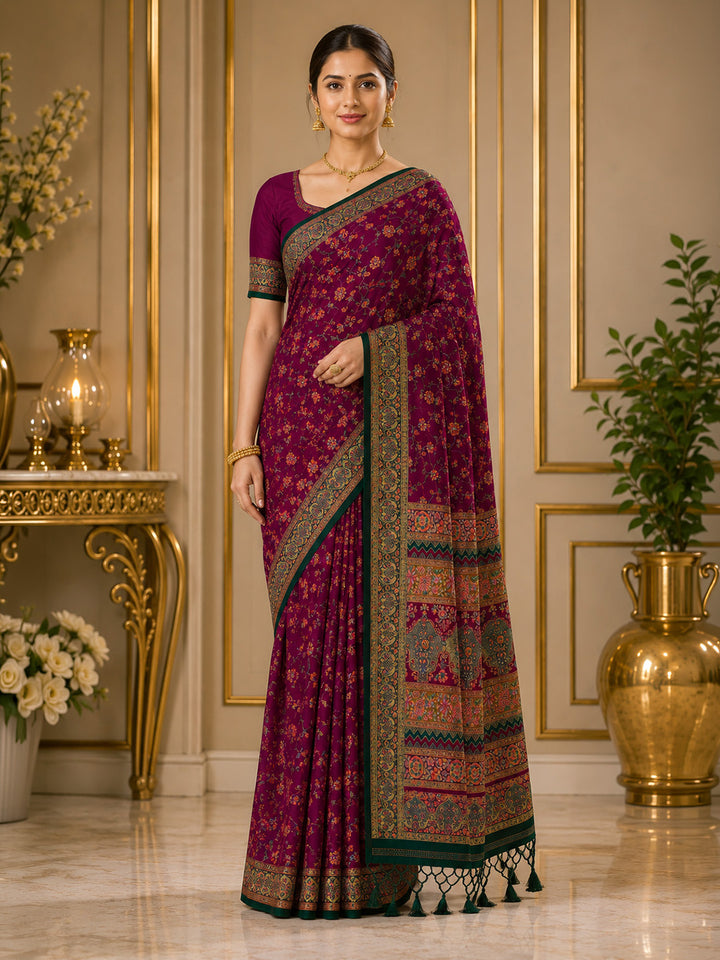 Wine Printed Art Silk Saree