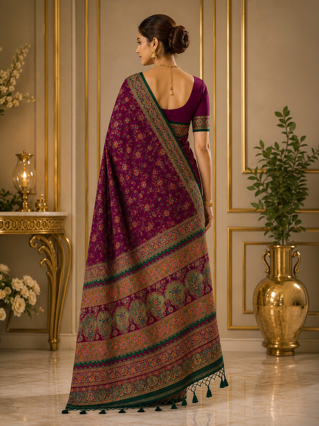 Wine Printed Art Silk Saree