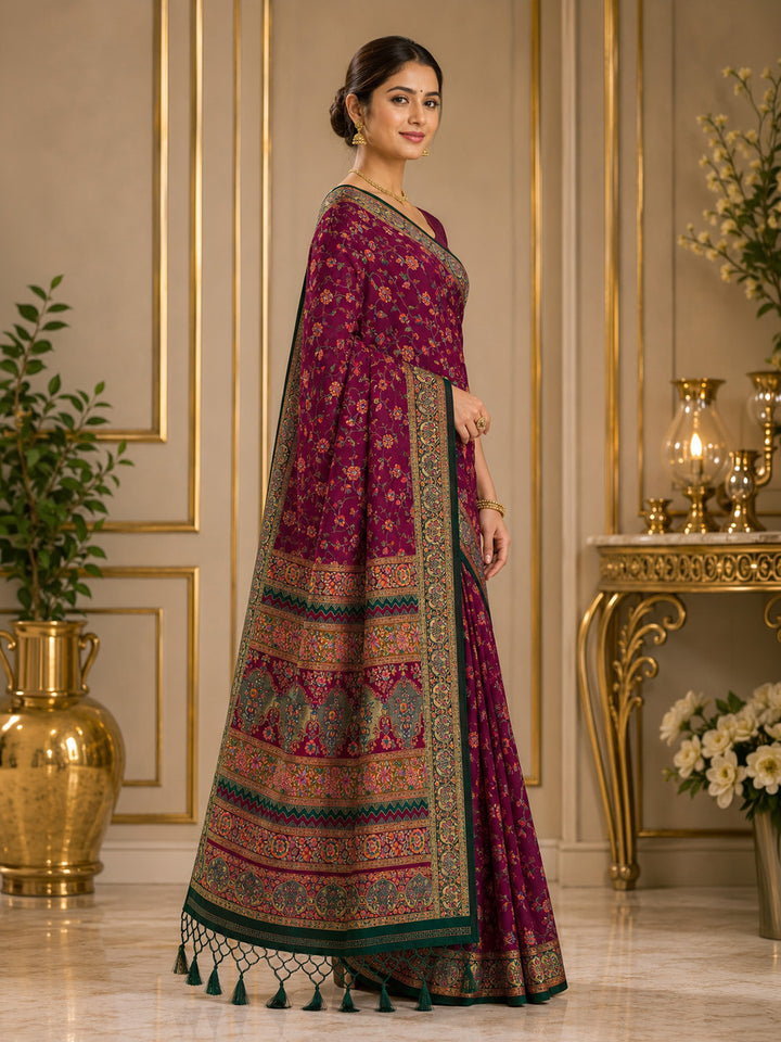 Wine Printed Art Silk Saree