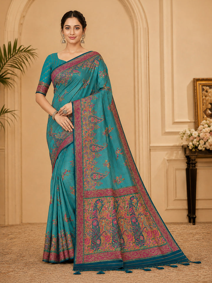 Blue Embroidered Art Silk Saree