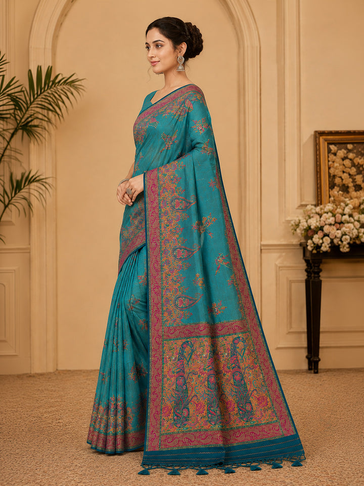 Blue Embroidered Art Silk Saree
