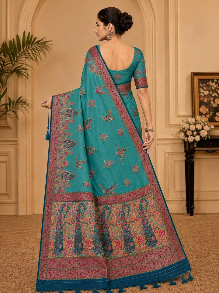Blue Embroidered Art Silk Saree