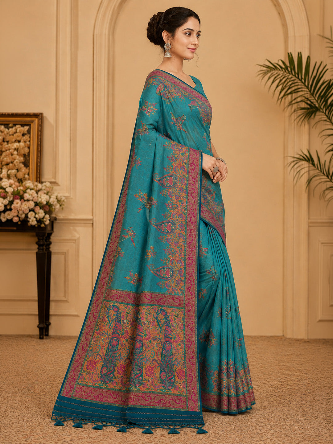 Blue Embroidered Art Silk Saree