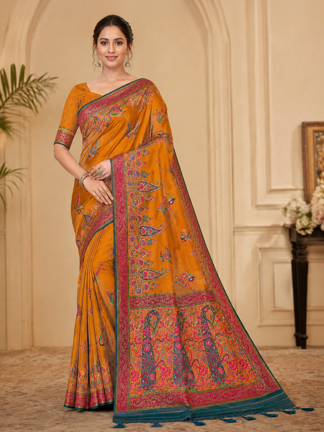 Mustard Embroidered Art Silk Saree